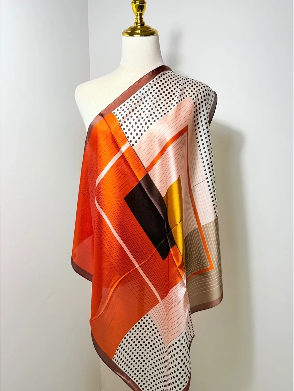 Vintage Geometric Pattern Scarf in Orange, Brown, and Black Polka Dots